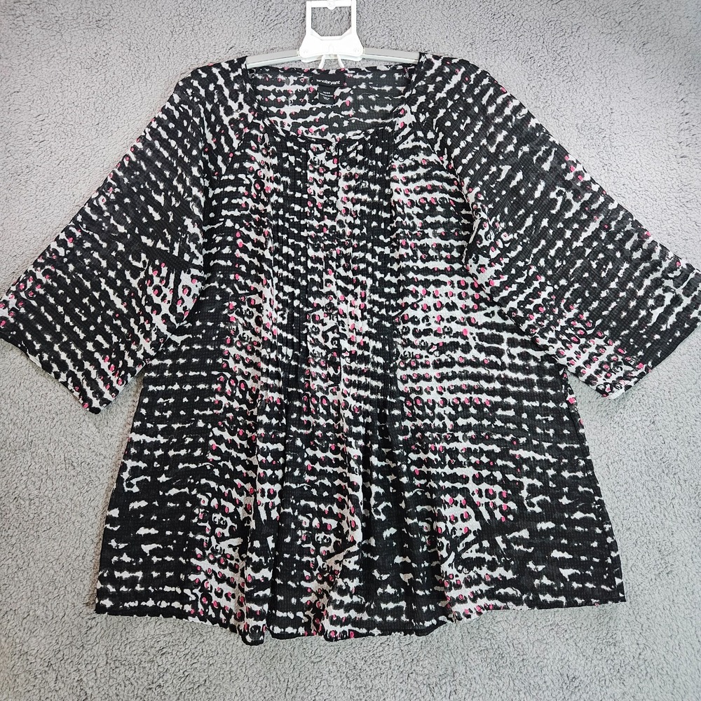Lane Bryant Top Blouse Womens Size 18 20‎ Semi Sheer Black w Gray & Pink Print